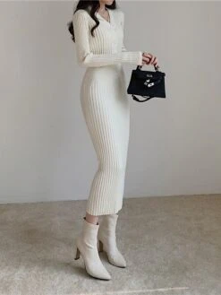 Women‘s Sweater Dress Winter Dress Sheath Dress Midi Dress Black White Green Long Sleeve Pure Color Button Fall Winter Autumn V Neck Stylish Winter Dress Fall Dress 2023 One-Size -HANA Luxury Wear Shop rmgrej1665656620632
