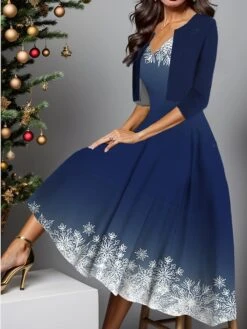 Women's Two Piece Dress Set Casual Dress Swing Dress Outdoor Christmas Fashion Elegant Print Midi Dress V Neck Half Sleeve Christmas Tree Snowflake Regular Fit Wine Red Navy Blue Fall Winter S M L XL -HANA Luxury Wear Shop rmqcrs1697181064068
