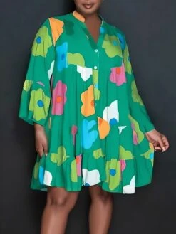 Women's Shirt Dress Casual Dress Mini Dress Outdoor Daily Polyester Basic Classic V Neck Button Print 3/4 Length Sleeve Spring Fall Winter 2023 Loose Fit Black White Green Flower S M L XL 2XL -HANA Luxury Wear Shop rmvfxs1694587819937