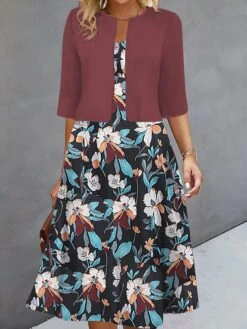 Women's Two Piece Dress Set Casual Dress Print Dress Outdoor Daily Fashion Elegant Print Midi Dress V Neck Half Sleeve Floral Regular Fit Black Navy Blue Blue Fall Winter S M L XL XXL -HANA Luxury Wear Shop rnbalx1693289325222