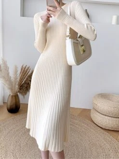 Women's Sweater Dress Jumper Dress Casual Dress Midi Dress Fashion Pure Color Outdoor Daily Going Out Crew Neck Long Sleeve 2023 Slim Black Blue Apricot One Size -HANA Luxury Wear Shop rnbdgc1696670415295
