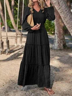 Women's Casual Dress Cotton Linen Dress Swing Dress Midi Dress Polyester Fashion Modern Outdoor Daily Vacation V Neck Ruched Ruffle Long Sleeve Summer Spring Fall 2023 Loose Fit Black Yellow Blue -HANA Luxury Wear Shop rncmvl1691040685536