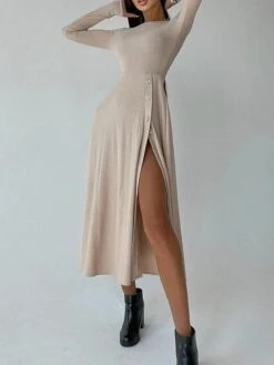 Women's Sweater Dress Winter Dress Jumper Dress Midi Dress Button Split Daily Date Going Out Fashion Basic Crew Neck Long Sleeve 2023 Regular Fit Black Blue Camel Color S M L XL Size -HANA Luxury Wear Shop rnuyhc1692357248622