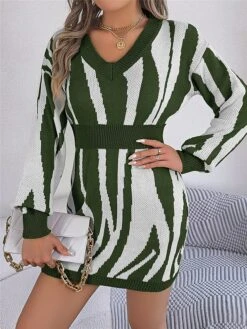 Women's Sweater Dress Winter Dress Jumper Dress Mini Dress Warm Stripe Outdoor Casual Holiday Vacation V Neck Long Sleeve Patchwork 2023 Loose Fit Green Khaki Rose Red S M L -HANA Luxury Wear Shop roktwq1696926516943