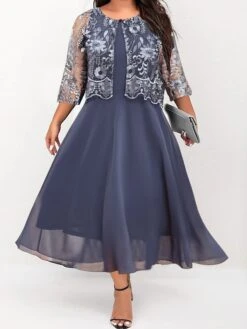 Women's Plus Size Two Piece Dress Set Party Dress Lace Dress Party Wedding Guest Fashion Elegant Lace Patchwork Midi Dress Crew Neck 3/4 Length Sleeve Plain Regular Fit Navy Blue Fall Winter L XL XXL -HANA Luxury Wear Shop rqjflx1696906723385