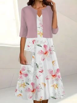 Women's Two Piece Dress Set Casual Dress Print Dress Outdoor Daily Fashion Elegant Print Midi Dress V Neck Half Sleeve Floral Stripe Regular Fit White Pink Blue Summer Spring S M L XL XXL -HANA Luxury Wear Shop rqpkrd1690542127116