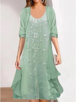 Women's Two Piece Dress Set Chiffon Dress Print Dress Formal Outdoor Fashion Mature Print Midi Dress Crew Neck Half Sleeve Floral Loose Fit Pink Blue Green Summer Spring S M L XL XXL -HANA Luxury Wear Shop rqqokm1681180721164