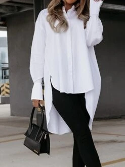 Women's Shirt Dress Casual Dress Mini Dress Outdoor Daily Vacation Cotton Fashion Modern Shirt Collar Button Split Long Sleeve Fall Winter 2023 Loose Fit Black White Blue Pure Color XS S M L XL -HANA Luxury Wear Shop rseujy1695813920284