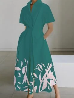 Women's Shirt Dress Casual Dress Swing Dress Maxi Long Dress Outdoor Office Daily Polyester Fashion Modern Shirt Collar Button Pocket Short Sleeve Summer Spring 2023 Loose Fit Wine Navy Blue Blue Leaf -HANA Luxury Wear Shop rthbmg1689925250676