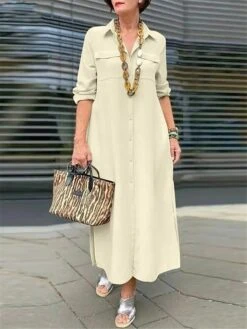 Women's Shirt Dress Casual Dress Maxi Long Dress Outdoor Daily Polyester Basic Classic Shirt Collar Button Pocket Long Sleeve Summer Spring Fall 2023 Loose Fit ArmyGreen Navy Blue Khaki Pure Color S -HANA Luxury Wear Shop rthvbe1689043119203