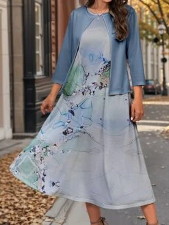 Women's Two Piece Dress Set Casual Dress Swing Dress Outdoor Office Fashion Streetwear Print Midi Dress Crew Neck 3/4 Length Sleeve Floral Ombre Regular Fit Pink Blue Purple Fall Winter S M L XL XXL -HANA Luxury Wear Shop rtiyou1697782916888