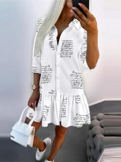 Women's Shirt Dress Casual Dress Mini Dress Outdoor Daily Vacation Polyester Fashion Modern Shirt Collar Ruffle Button Long Sleeve Spring Fall Winter 2023 Loose Fit Black White Orange Letter Pure