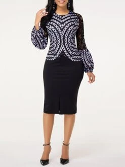 Women's Dress Set Two Piece Dress Skirt Set Knee Length Dress Black Long Sleeve Geometric Split Fall Winter Autumn Crew Neck Elegant Winter Dress Fall Dress Slim 2023 S M L XL 2XL 3XL 4XL 5XL -HANA Luxury Wear Shop rumbew1665490120630