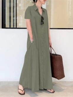 Women's Shirt Dress Casual Dress Cotton Linen Dress Maxi Long Dress Cotton Casual Daily Casual Daily Vacation Weekend Shirt Collar Button Pocket Short Sleeve Summer Spring 2023 Loose Fit Black Wine -HANA Luxury Wear Shop rumnze1689933270977