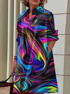 Women's Shirt Dress Casual Dress Midi Dress Outdoor Office Daily Polyester Fashion Modern Shirt Collar Button Pocket Long Sleeve Fall Winter 2023 Loose Fit Yellow Blue Purple Leopard Geometric Color -HANA Luxury Wear Shop ruwybn1693386627935