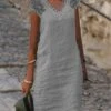 Women's Casual Dress Cotton Linen Dress Shift Dress Midi Dress Cotton Blend Basic Casual Outdoor Daily V Neck Lace Patchwork Short Sleeve Summer Spring 2023 Loose Fit White Pink Blue Pure Color S M L -HANA Luxury Wear Shop rvbass1681211780193