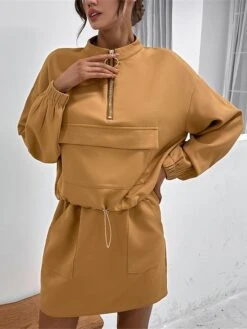 Women's Two Piece Dress Set Casual Dress Skirt Set Outdoor Daily Streetwear Modern Pocket Mini Dress Stand Collar Long Sleeve Plain Loose Fit Khaki Fall Winter S M L XL -HANA Luxury Wear Shop rvrwvt1693540423822