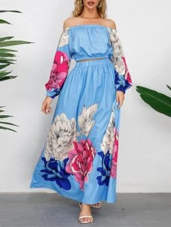 Women's Two Piece Dress Set Casual Dress Skirt Set Daily Going Out Casual Ruched Print Long Dress Maxi Dress Off Shoulder Long Sleeve Floral Regular Fit Blue Green Rose Red Fall Winter S M L XL XXL -HANA Luxury Wear Shop rwcmlh1692339424633