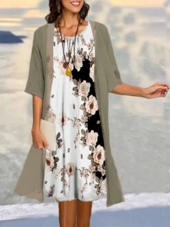 Women's Two Piece Dress Set Casual Dress Daily Vacation Modern Casual Print Midi Dress Crew Neck Half Sleeve Graphic Floral Loose Fit Sky Blue Brown Gray Summer Spring S M L XL XXL