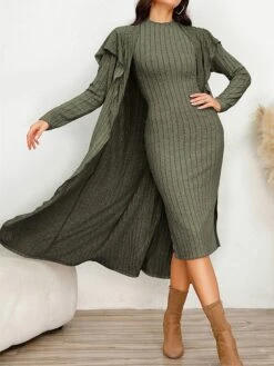 Women's Two Piece Dress Set Casual Dress Sheath Dress Home Daily Fashion Streetwear Split Midi Dress Stand Collar Long Sleeve Plain Slim Black Army Green Gray Fall Winter S M L XL XXL -HANA Luxury Wear Shop rxdert1695813702732