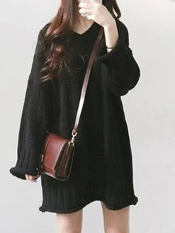 Women's Sweater Dress Jumper Dress Knit Dress Mini Dress Warm Pure Color Outdoor Home Casual Vacation V Neck Long Sleeve 2023 Loose Fit Black Burgundy Apricot One Size -HANA Luxury Wear Shop rxkxcr1694166173748