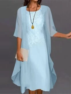 Women's Two Piece Dress Set Casual Dress Lace Dress Outdoor Daily Fashion Casual Lace Midi Dress Crew Neck 3/4 Length Sleeve Plain Regular Fit Blue Gray Spring Summer S M L XL 4XL