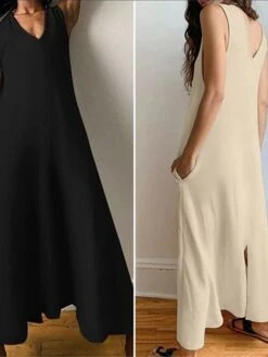 Women's Casual Dress Cotton Linen Dress Swing Dress Maxi Long Dress Cotton Blend Basic Modern Outdoor Daily Vacation V Neck Basic Sleeveless Summer Spring 2023 Regular Fit Black Wine Khaki Plain S M -HANA Luxury Wear Shop rxvnro1686030302648
