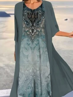 Women's Two Piece Dress Set Casual Dress Print Dress Outdoor Daily Vintage Ethnic Print Midi Dress Crew Neck 3/4 Length Sleeve Floral Tribal Loose Fit Black Navy Blue Royal Blue Summer Spring S M L -HANA Luxury Wear Shop rykcgb1690857674094