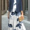 Women's Two Piece Dress Set Casual Dress Swing Dress Outdoor Office Fashion Streetwear Print Midi Dress Crew Neck 3/4 Length Sleeve Leaf Floral Regular Fit Blue Fall Winter S M L XL XXL