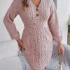 Women's Sweater Dress Winter Dress Jumper Dress Mini Dress Active Pure Color Outdoor Casual Holiday Vacation V Neck Long Sleeve Button 2023 Loose Fit White Pink Green S M L -HANA Luxury Wear Shop rynqfh1697526835676