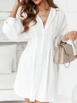 Women's Shirt Dress Casual Dress Mini Dress Outdoor Daily Vacation Polyester Fashion Modern Shirt Collar Button 3/4 Length Sleeve Fall Winter 2023 Loose Fit Black White Pure Color S M L XL 2XL