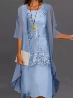 Women's Dress Set Lace Dress Midi Dress Light Blue Green Gray Half Sleeve Floral Embroidered Layered Patchwork Summer Spring Fall Crew Neck Elegant Chinoiserie 2023 M L XL XXL XXXL 4XL 5XL