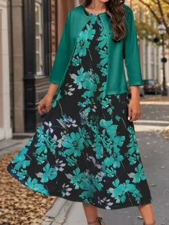 Women's Two Piece Dress Set Casual Dress Swing Dress Outdoor Office Fashion Streetwear Print Midi Dress Crew Neck 3/4 Length Sleeve Floral Regular Fit Navy Blue Royal Blue Blue Fall Winter S M L XL -HANA Luxury Wear Shop rzlmuk1697786027018