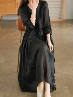 Women's Casual Dress Cotton Linen Dress Swing Dress Midi Dress Cotton Blend Basic Casual Outdoor Daily V Neck Ruched 3/4 Length Sleeve Summer Spring 2023 Loose Fit Black White Yellow Pure Color M L -HANA Luxury Wear Shop rzlzib1677135409616