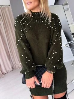 Women's Sweater Dress Winter Dress Jumper Dress Mini Dress Pearl Daily Date Going Out Active Fashion Crew Neck Long Sleeve 2023 Loose Fit Khaki Army Green Gray Color S M L XL XXL Size -HANA Luxury Wear Shop rzqhuc1695031559817