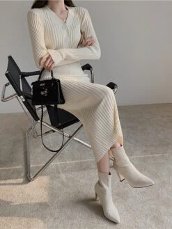 Women‘s Sweater Dress Winter Dress Sheath Dress Midi Dress Black White Green Long Sleeve Pure Color Button Fall Winter Autumn V Neck Stylish Winter Dress Fall Dress 2023 One-Size -HANA Luxury Wear Shop sadzwu1665656616634