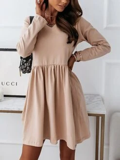 Women's Casual Dress Black Dress A Line Dress Mini Dress Cotton Polyester Fashion Daily Outdoor Daily Vacation Crew Neck Ruched Patchwork Long Sleeve Fall Autumn 2023 Regular Fit Black Khaki Gray