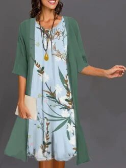 Women's Two Piece Dress Set Casual Dress Dress Set Outdoor Daily Fashion Elegant Print Midi Dress Crew Neck 3/4 Length Sleeve Floral Regular Fit White Blue Green Summer Spring S M L XL XXL -HANA Luxury Wear Shop sapmje1683028897198