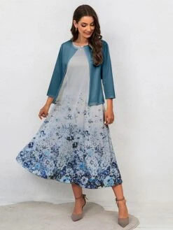 Women's Two Piece Dress Set Casual Dress Swing Dress Outdoor Office Fashion Streetwear Print Midi Dress Crew Neck 3/4 Length Sleeve Floral Regular Fit Navy Blue Royal Blue Blue Fall Winter S M L XL -HANA Luxury Wear Shop saxfsb1697770549689