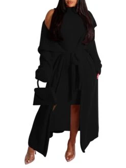 Women's Two Piece Dress Set Casual Dress Sheath Dress Daily Going Out Fashion Streetwear Lace Up Midi Dress Stand Collar Long Sleeve Plain Slim Black Yellow Wine Fall Winter S M L XL XXL -HANA Luxury Wear Shop sbhgex1693295541782