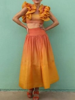 Women's Two Piece Dress Set Casual Dress Skirt Set Outdoor Daily Fashion Streetwear Ruffle Print Midi Dress Crew Neck Sleeveless Tie Dye Regular Fit Yellow Fall Winter S M L XL -HANA Luxury Wear Shop sbhotb1692340670743