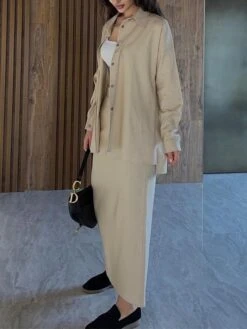 Women's Two Piece Dress Set Casual Dress Skirt Set Outdoor Daily Fashion Streetwear Button Pocket Long Dress Maxi Dress Shirt Collar Long Sleeve Plain Loose Fit Brown Green Beige Fall Winter S M L XL -HANA Luxury Wear Shop sbpvvk1693534951795