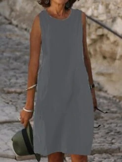 Women's Casual Dress Cotton Dress Shift Dress Midi Dress Cotton Blend Fashion Basic Outdoor Daily Vacation U Neck Pocket Sleeveless Summer Spring Fall 2023 Loose Fit Light Blue Black White Plain S M -HANA Luxury Wear Shop scsbfn1683783828743