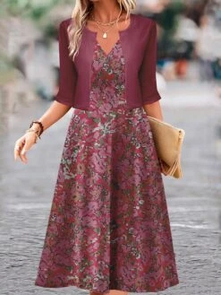 Women's Two Piece Dress Set Casual Dress Swing Dress Outdoor Daily Fashion Elegant Print Midi Dress V Neck Half Sleeve Floral Regular Fit Blue Purple Fuchsia Fall Winter S M L XL XXL -HANA Luxury Wear Shop scspep1697681154451
