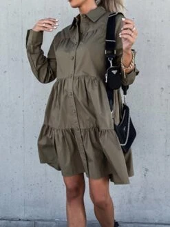Women's Shirt Dress Casual Dress Swing Dress Midi Dress Outdoor Daily Vacation Cotton Basic Modern Shirt Collar Ruffle Button Long Sleeve Fall Winter 2023 Regular Fit ArmyGreen Black White Pure Color -HANA Luxury Wear Shop sdkgyz1695813927375