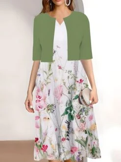 Women's Two Piece Dress Set Casual Dress Print Dress Outdoor Daily Fashion Work Print Midi Dress V Neck Half Sleeve Floral Regular Fit Pink Wine Navy Blue Summer Spring S M L XL XXL -HANA Luxury Wear Shop seidlx1689669895808