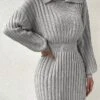 Women's Sweater Dress Jumper Dress Casual Dress Mini Dress Warm Pure Color Outdoor Casual Daily Going Out Lapel Long Sleeve 2023 Loose Fit Gray S M L