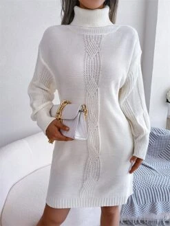 Women's Sweater Dress Winter Dress Jumper Dress Mini Dress Ruched Daily Date Going Out Active Fashion Turtleneck Long Sleeve 2023 Loose Fit White Khaki Army Green Color S M L Size -HANA Luxury Wear Shop sepsby1692863444052