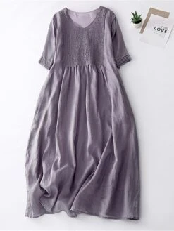 Women's Casual Dress Cotton Linen Dress Midi Dress Linen Basic Classic Outdoor Daily Vacation V Neck Pocket Half Sleeve Fall Autumn 2023 Loose Fit White Navy Blue Purple Plain M L XL 2XL -HANA Luxury Wear Shop sfbupe1693202596622