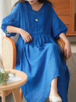 Women's Casual Dress Cotton Linen Dress Swing Dress Midi Dress Cotton Blend Basic Casual Outdoor Daily V Neck Ruched 3/4 Length Sleeve Summer Spring 2023 Loose Fit Black White Yellow Pure Color M L -HANA Luxury Wear Shop sfklzw1677135418631